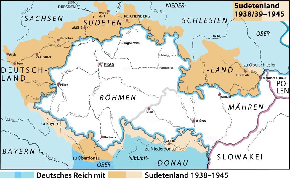 Kaart van het woongebied van de Sudeten-Duitsers in Tsjechië