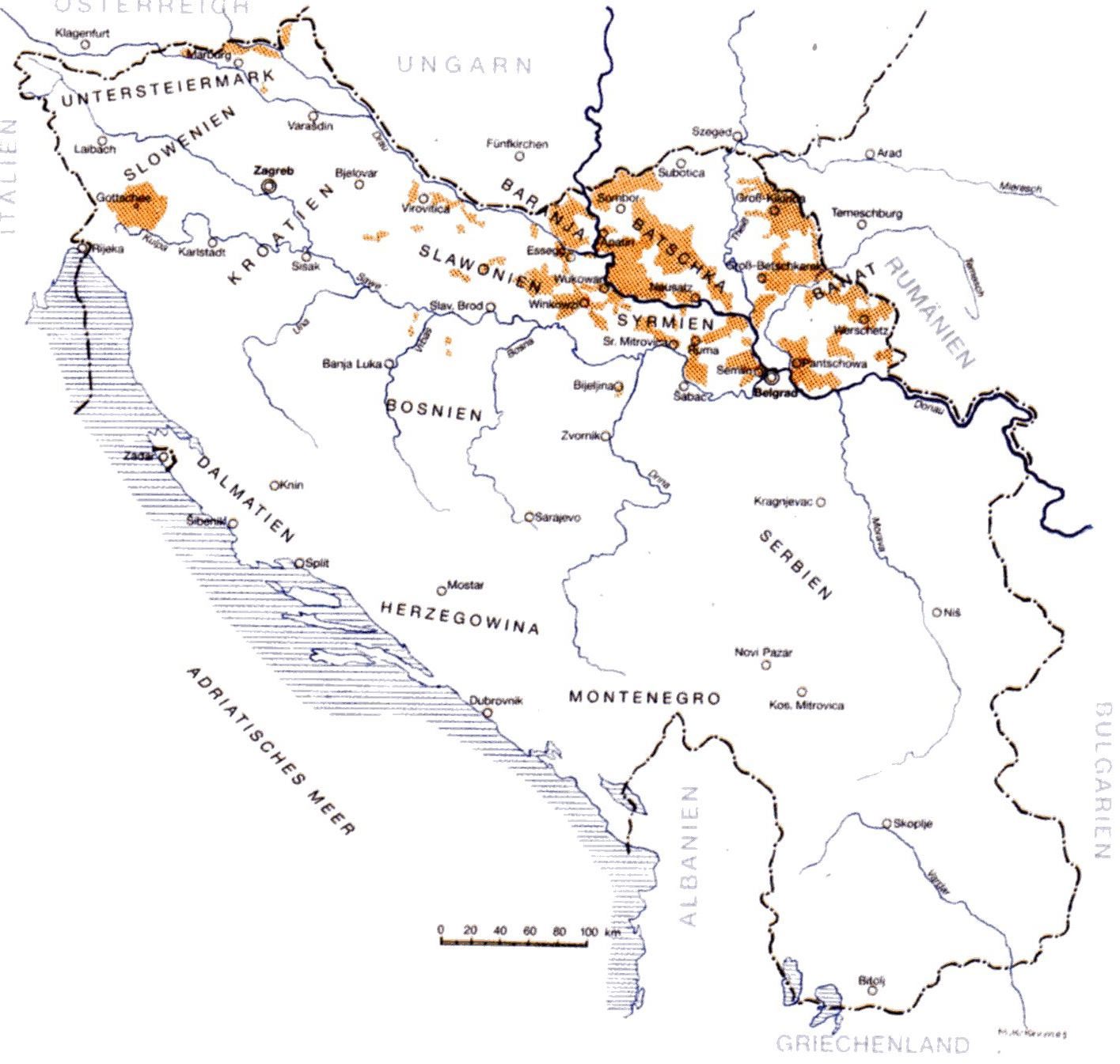 Kaart van de Donau-Zwaben in Joegoslavië